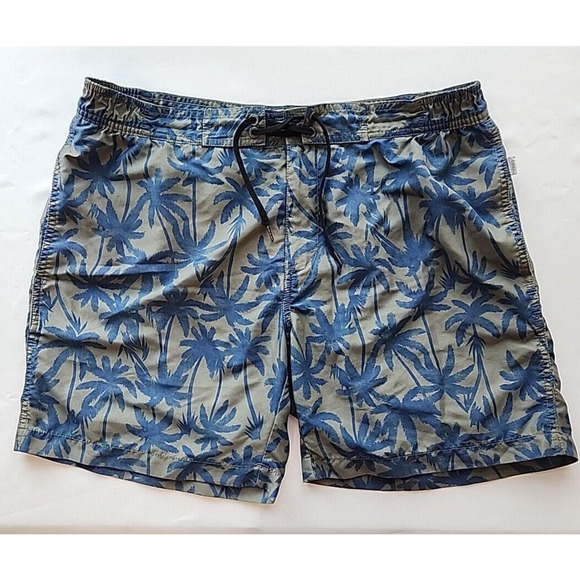 Onia Mens XL Swim Trunks Shorts Green Blue Zip Front Tropical Palm Trees